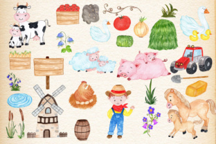 Farm Animals, Watercolor Clipart for Illustrations