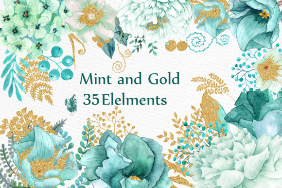 Gold Mint Watercolor Flowers: A Versatile Illustration for Creative Designers