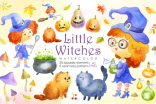 Little Witches. Halloween Watercolor Clip Arts and Seamless Patterns