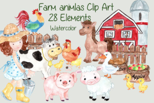 Watercolor Farm Animals Clipart Pig Horse Cow Chicken Barn Ship Rooster Clipart