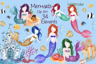 Watercolor Mermaids Clip Art for Editorial Illustrations