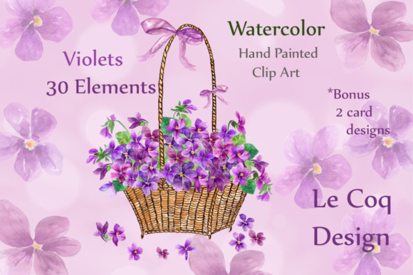 Watercolor Violet Flowers Clipart for Illustrations and Commercial Design